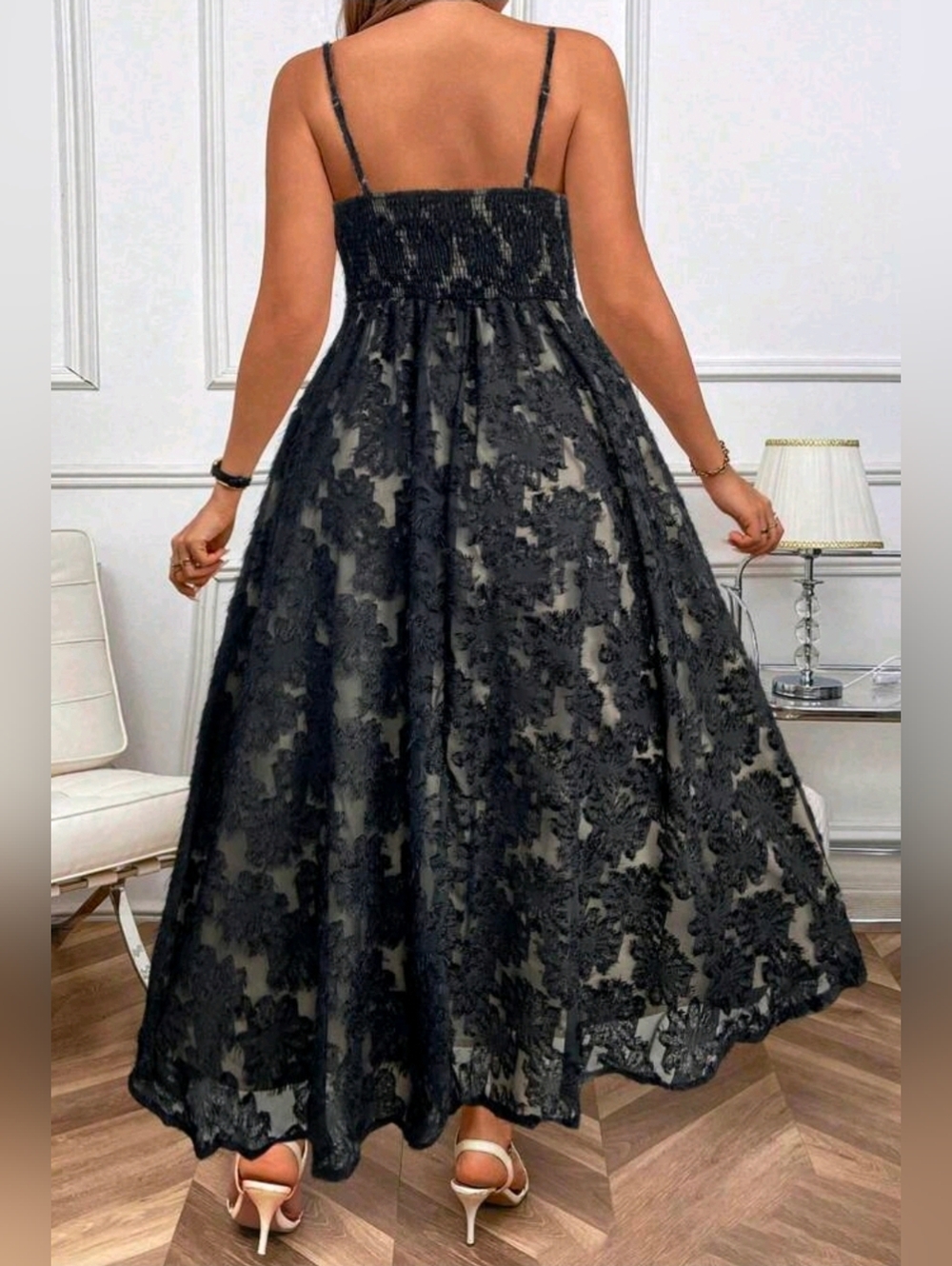 New Textured Floral Jacquard Wrap Top Maxi Cami Dress PLUS Black - Picture 6 of 11